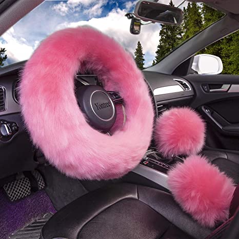 1 Set 3 Pcs Adjust Elastic Car Interior Accessories Cute Fluffy Faux Fur Car Steering Wheel Cover